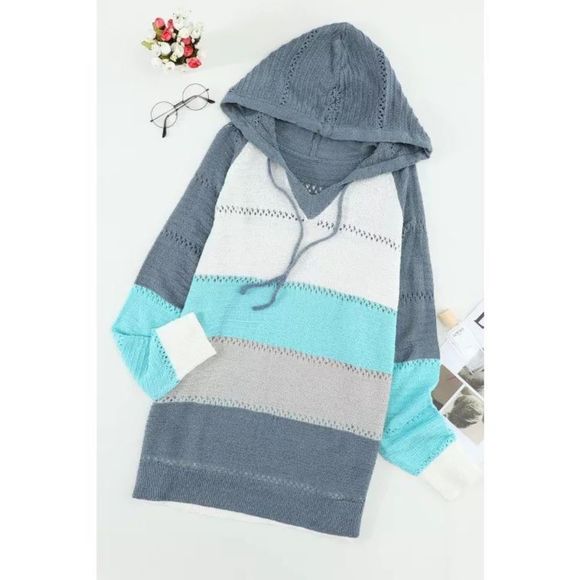 Sky Blue Combo Block Knit Hoodie - Picture 8 of 9